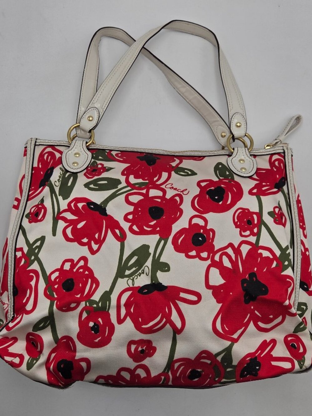 Coach Poppy Hallie East West Tote 22442 Floral Canvas Leather Trim Handbag